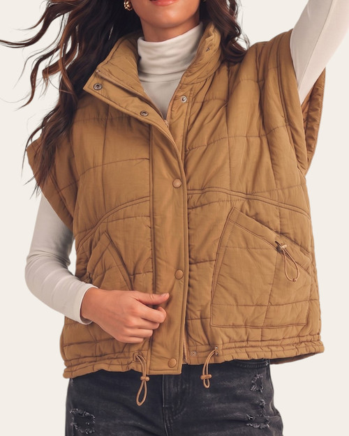 Sierra Cinch Waist Vest - Camel partly open at the front, showing the zipper, snaps, cinch pockets and waistband drawcords.