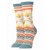 A pair of cream-colored crew socks with a teal cuff and toe section. The socks feature a repeating pattern of delicate yellow and orange flowers with green stems.