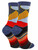 A pair of crew socks with a colorful mountain landscape design. The socks feature a blue cuff, a grey section with stylized yellow mountains, a blue and black section representing the sky, and a red and black striped toe and heel section.