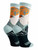A pair of crew socks made of premium cotton with a design featuring light gray as the dominant color, leaf patterns in a shade of green with subtle orange accents, and a solid black block around the foot transitioning into a teal toe and heel section.
