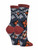 A pair of crew-length socks with a geometric hibiscus pattern in shades of navy blue, white, and orange, with a ribbed maroon top, heel, and toe. They are designed to be soft, breathable, and suitable for shoe sizes 5-10.