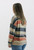 Left back side view of a woman in a relaxed-fit, multicolored striped sweater from Trendy Threads Boutique's Spring collection. The sweater features a combination of soft pastel and earth tones in horizontal stripes, with a V-neckline and ribbed cuffs and hem. She is wearing light blue denim jeans and has straight, shoulder-length hair. The background is a simple, clean white, emphasizing the sweater's colors.
