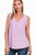 A woman is featured wearing the 'On Your Way V-Neck Top' in lavender. This sleeveless tank top is made from a linen fabric with a raw hem detail and a V-neck design, giving off a casual yet trendy vibe. The top has a relaxed fit, perfect for summer wear.