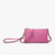 The Riley Crossbody in a striking bubblegum pink hue, showcasing its compact design with two outer compartments and a middle zippered pocket, all unified by a top zipper for security. It features an adjustable and detachable shoulder strap, six cardholder slots for organization, and a convenient wristlet strap for easy carrying.