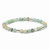 Elegant bracelet featuring a range of round semi-precious gemstones in soft green and neutral tones, interspersed with silver-plated brass accents and green polymer clay discs on a stretch cord.