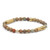 Earthy-toned bracelet featuring an array of semi-precious gemstones, with colors ranging from aqua blue to rich browns, complemented by gold-plated brass accents and beige polymer clay discs, all on a stretchable cord.