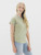 The same young woman in a grey-blue and mustard striped tee, viewed from the front and slightly to the side, smiling and standing against a white background. She is wearing light blue ripped jeans.