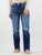 Front view of the Jinnie High Rise Slim Straight Jeans showcasing a dark wash, high-rise waist, moderate distressing, and a unique fringed slit hem.