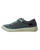 Lateral view of a single Blowfish Malibu Beachside slip-on sneaker in washed grey fabric, featuring a leather logo patch and a cushioned sole for comfort.