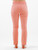 Back view of peach pink mid-rise jeans with classic back pockets and frayed hem, styled on a barefoot model.