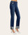 Side profile of dark wash straight-leg jeans with distressed front pocket and rolled frayed cuffs.