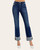 Angled front view of dark blue cuffed jeans with high waist and raw hem styling.