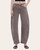 Front view of Ezra high-rise barrel jeans by Flying Monkey with curved side seams and washed taupe finish.