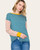 Front view of a multi-stripe long sleeve top featuring teal and lavender horizontal stripes, contrasting rust sleeves, and mustard cuffs and neckline – perfect for cozy fall outfits.