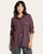 Woman modeling a wine heather long-sleeve shirt, buttoned down with front pockets and styled casually over a matching top.