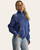 Side view of woman wearing navy Jessa Quarter Zip Sweatshirt — women’s blue quarter zip pullover with funnel collar and soft brushed texture.