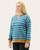 Angled front view of teal and lavender striped Peaceful Nights sweatshirt with contrast camel accents