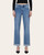 Front view of light wash straight-leg jeans with rolled cuffs and minimal distressing, styled with pointed heels