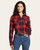 Woman wearing red and navy women’s plaid flannel shirt front view