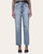 Front view of light wash high rise straight jeans for women