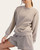 Front view of the soft, heather taupe Scuba Luxe Mock Neck Pullover worn as a comfortable spring lounge set.