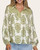 Front view of the Cassidy Printed Blouse showing the green pattern, striped yoke, v-neckline, and balloon sleeves.
