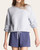 Front view of a woman wearing the Thread & Supply Dreamscape Top in Misty Blue with ribbed texture and banded hem.