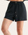 Front view of the Laguna Luxe black lounge shorts featuring an elastic drawstring waist with metallic accents and flattering front seam details.