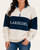 Front view of the cream and navy blue Lakegirl 1/4 Zip Cloud Pullover with white lettering and embroidered anchor on the sleeve.