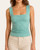 Front view of a woman modeling a jade green floral jacquard seamless tank top with a wide square neckline.