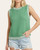 Front view of the true-to-size green waffle texture sleeveless sweater with white striped trim, perfect for hot South Dakota summers.