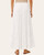Back view of the fully lined, non-sheer white tiered maxi skirt featuring a comfortable elastic waistband.