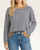 Front view of the Kayla lightweight striped crew neck sweater tucked comfortably into a pair of blue jeans.