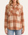 Front view of the ultra soft knit Kasey plaid button up in cream and rust