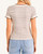 Back view of the Nicole Scalloped Trim Top showing narrow cream and mocha stripes and scalloped sleeves.