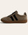 Left side view of the retro Corkys Heads Up Sneaker in camel with black laces and side stripes.