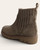 Back angled view of the taupe Corkys Keep Me Warm boot showing the easy pull-on tab, cable knit ankle, and textured sole