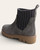 Back angle view of the gray faux suede Corkys Keep Me Warm boot showing the cable knit detail and pull tab