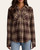 Front view of the relaxed fit Kasey Plaid Button Up in chocolate and tan.