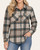 Front view of the Kasey Plaid Button Up in a green and camel plaid pattern with dual chest pockets.

