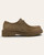 Profile view of the light camel faux suede shoe showing the chunky heel