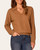 Model wearing the brown Democracy Crochet Scalloped Collar Sweater, front view with a V-shaped neckline and scalloped collar.