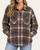 Front view of the Sharon Button Down Shacket - Blue/Camel with button closure, pointed collar, plaid chest pockets and side pockets.