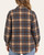 Back view of the Sharon Button Down Shacket - Blue/Camel on a model, showing the blue, camel and cream plaid pattern and curved hem.
