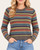Front view of The Cassandra Striped Sweater on a model, showing the fitted shape, multicolor stripes and ribbed crew neckline.