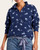 Eclipse Dainty Floral Fleece Pullover modeled from the front, showing navy fabric with pale flowers, a zip collar and pouch pocket.