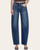 Front view of Vervet High Rise Barrel Jeans (Jadeite), showing faded blue denim, knee darts and lightly frayed hems.