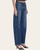 Alternate front angle of Vervet High Rise Barrel Jeans (Jadeite), showing knee dart detail, side panels and frayed hems.