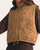 Front view of Sierra Cinch Waist Vest - Camel worn closed, showing the stand collar, grid quilting and pocket cinch cords.