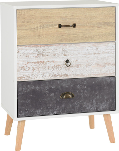 Nordic 3 Drawer Bedside Chest White/Distressed Effect